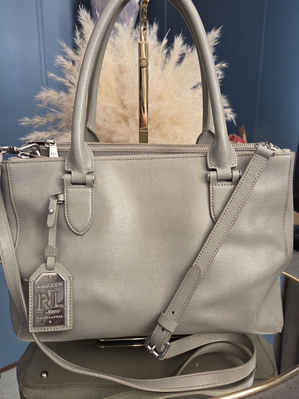 Lauren Ralph Lauren Newburyport Double Zip Gray Saffiano Leather Crossbody Tote